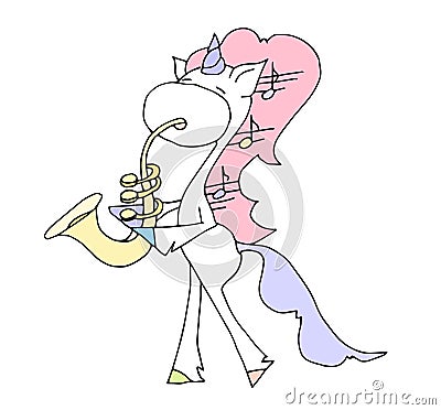 Cute fabulous unicorn isolated on a white background. Unicorns playing saxophone. Vector Illustration